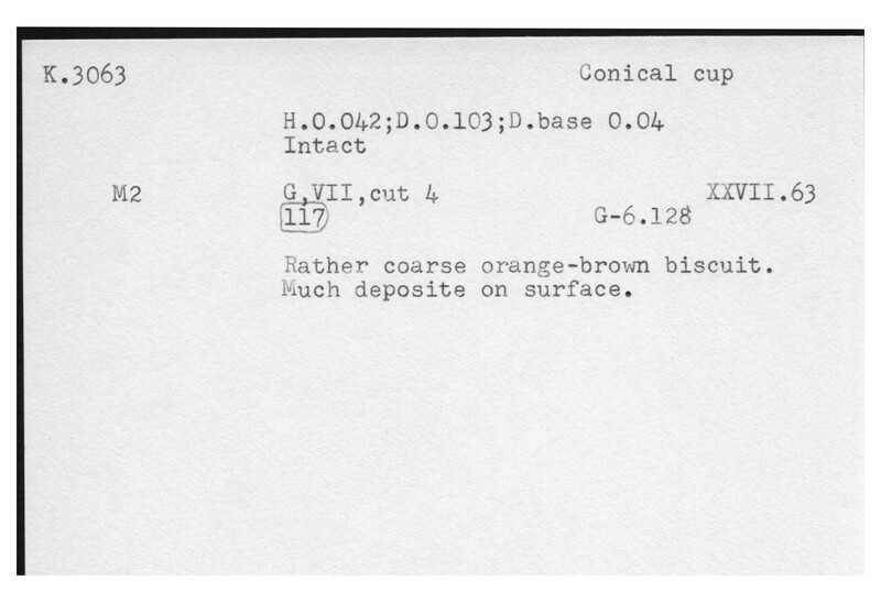 Index card with typed and handwritten information, sometimes including a sketch, of pottery from an excavation.
