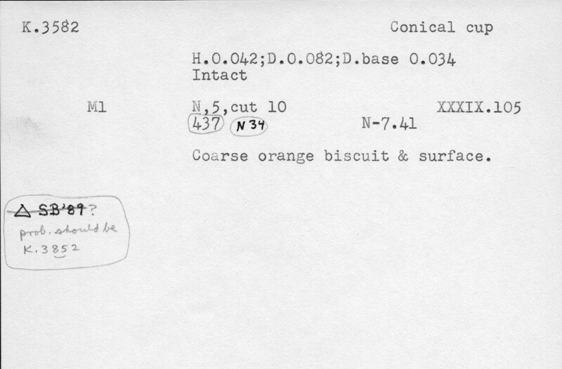 Index card with typed and handwritten information, sometimes including a sketch, of pottery from an excavation.