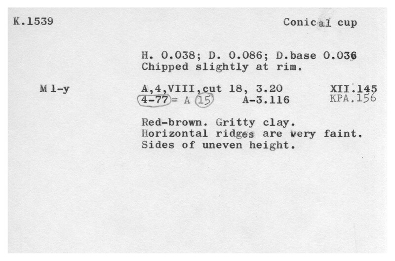 Index card with typed and handwritten information, sometimes including a sketch, of pottery from an excavation.