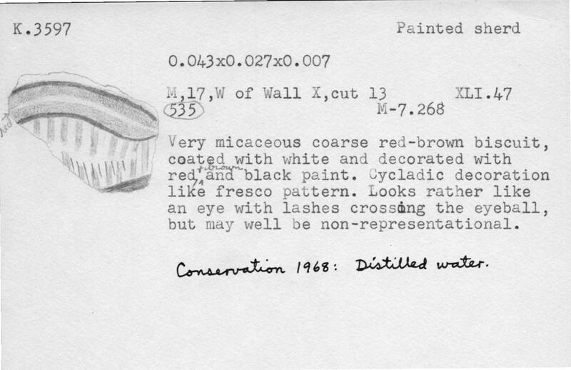 Index card with typed and handwritten information, sometimes including a sketch, of pottery from an excavation.