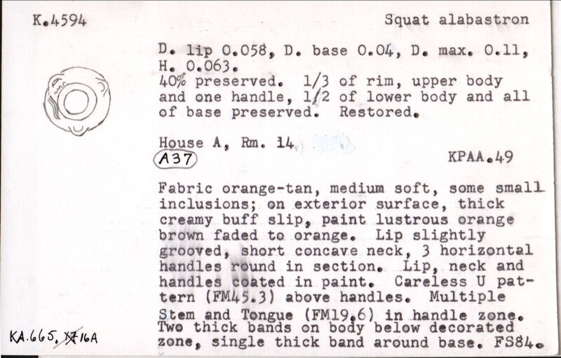 Index card with typed and handwritten information, sometimes including a sketch, of pottery from an excavation.