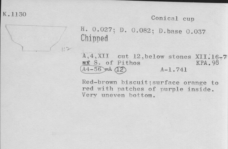 Index card with typed and handwritten information, sometimes including a sketch, of pottery from an excavation.
