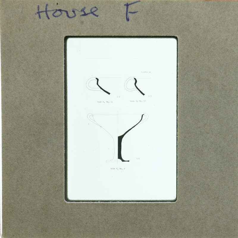 Inked pottery profile drawings of handles and a complete kylix.