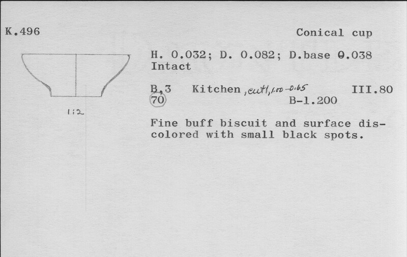 Index card with typed and handwritten information, sometimes including a sketch, of pottery from an excavation.