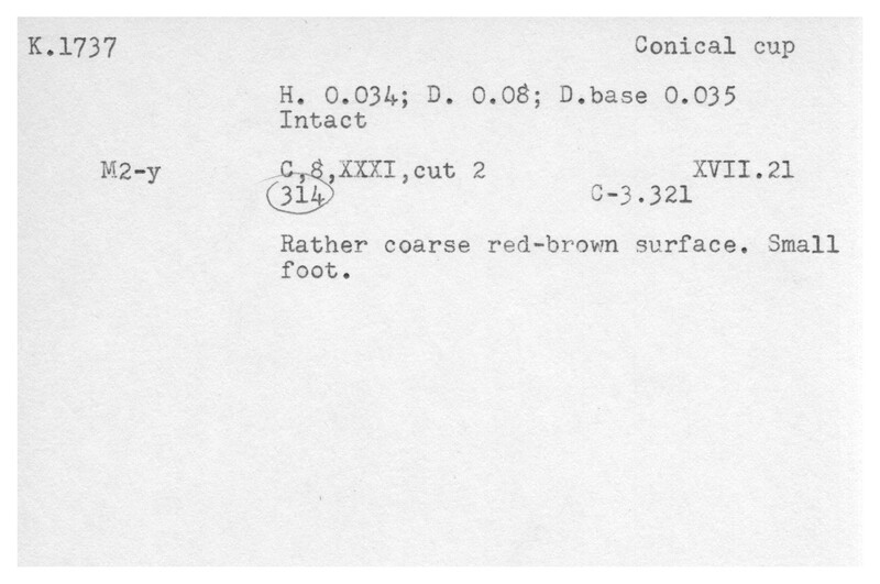 Index card with typed and handwritten information, sometimes including a sketch, of pottery from an excavation.