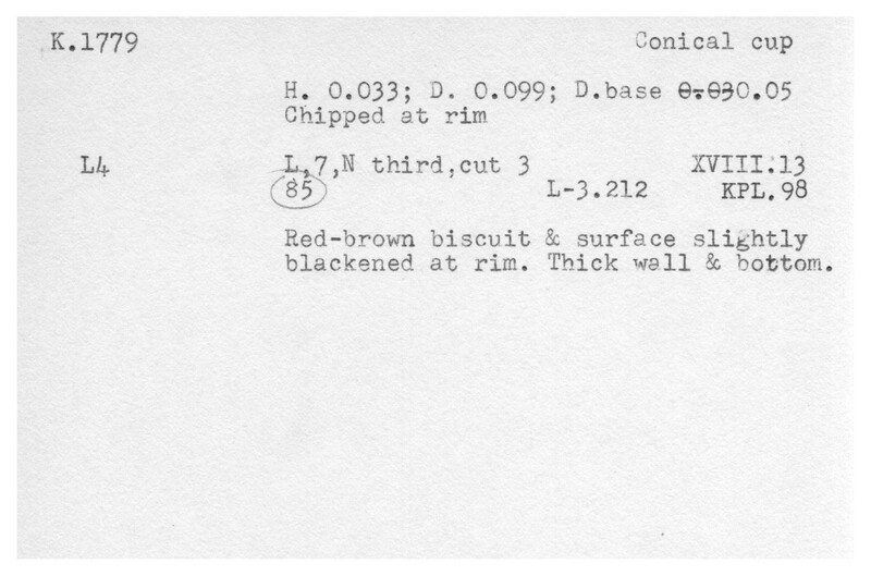 Index card with typed and handwritten information, sometimes including a sketch, of pottery from an excavation.