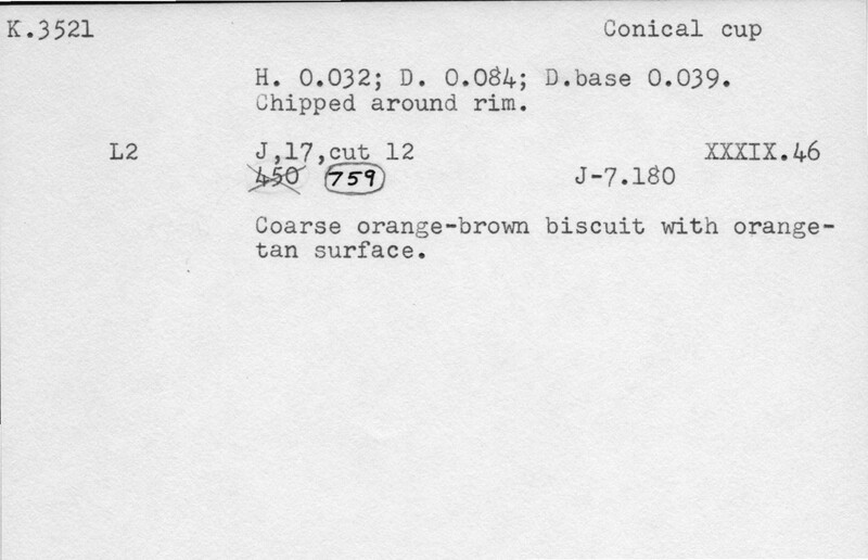 Index card with typed and handwritten information, sometimes including a sketch, of pottery from an excavation.