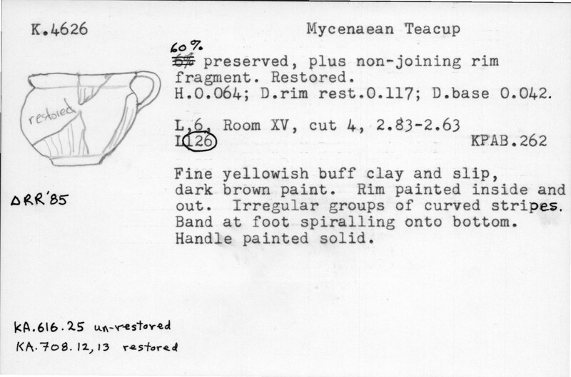 Index card with typed and handwritten information, sometimes including a sketch, of pottery from an excavation.