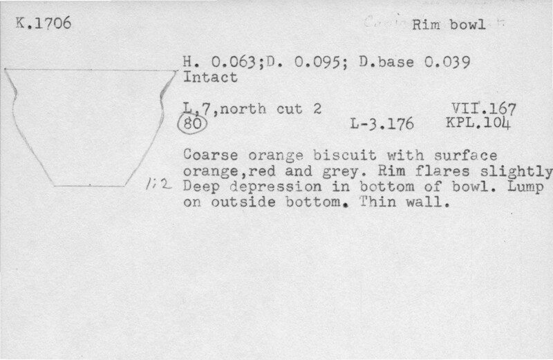 Index card with typed and handwritten information, sometimes including a sketch, of pottery from an excavation.