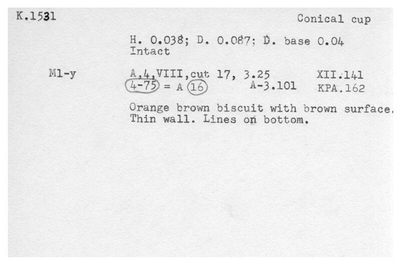 Index card with typed and handwritten information, sometimes including a sketch, of pottery from an excavation.