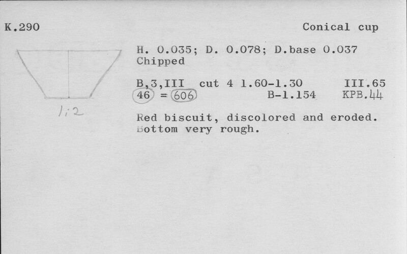Index card with typed and handwritten information, sometimes including a sketch, of pottery from an excavation.