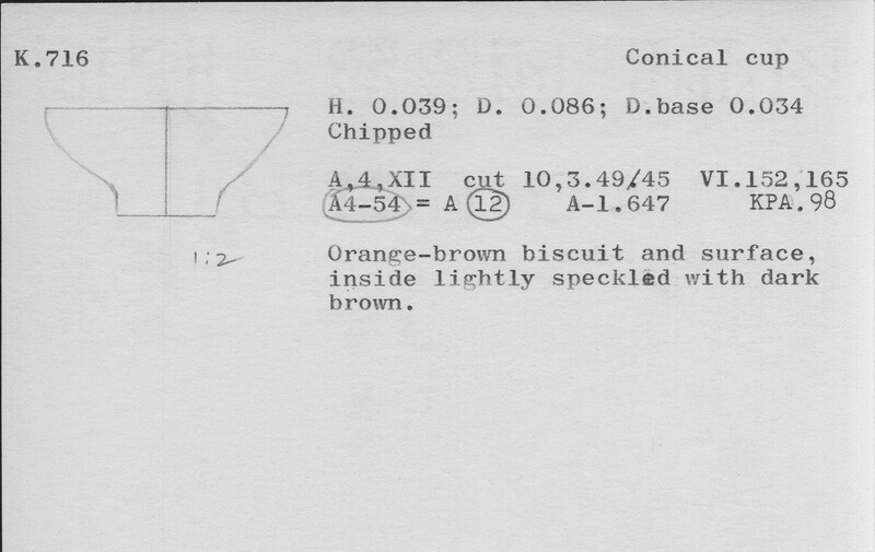 Index card with typed and handwritten information, sometimes including a sketch, of pottery from an excavation.