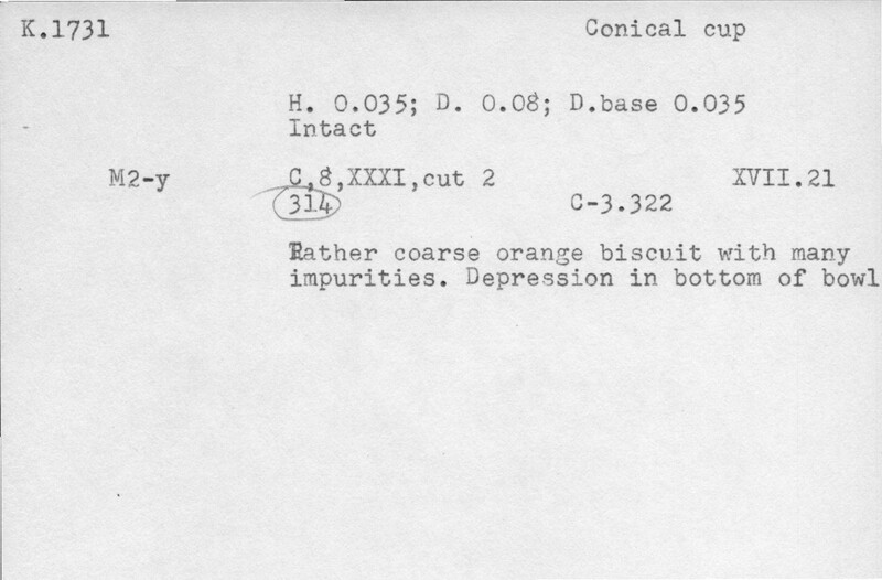 Index card with typed and handwritten information, sometimes including a sketch, of pottery from an excavation.
