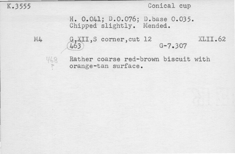Index card with typed and handwritten information, sometimes including a sketch, of pottery from an excavation.