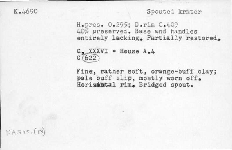Index card with typed and handwritten information, sometimes including a sketch, of pottery from an excavation.