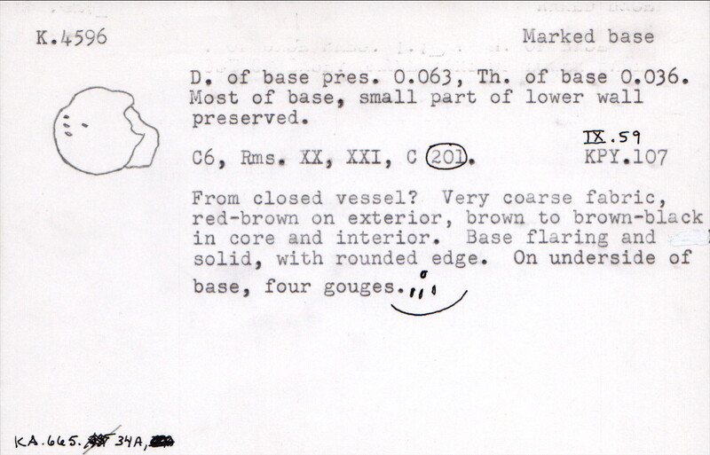 Index card with typed and handwritten information, sometimes including a sketch, of pottery from an excavation.