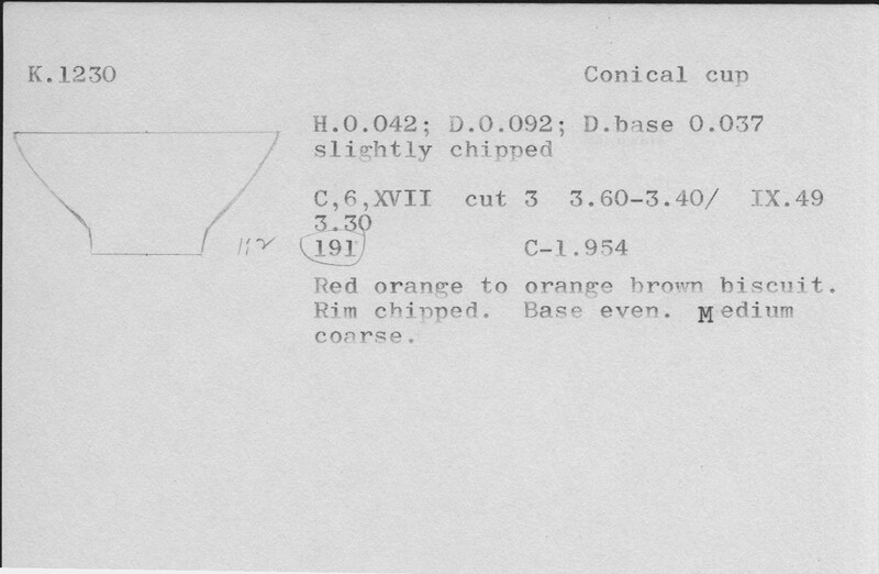 Index card with typed and handwritten information, sometimes including a sketch, of pottery from an excavation.