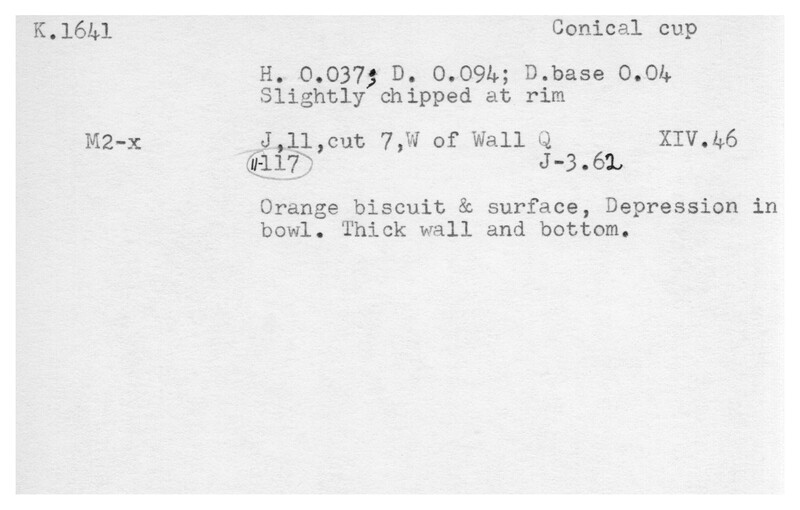 Index card with typed and handwritten information, sometimes including a sketch, of pottery from an excavation.
