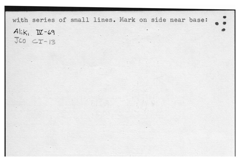 Index card with typed and handwritten information, sometimes including a sketch, of pottery from an excavation.