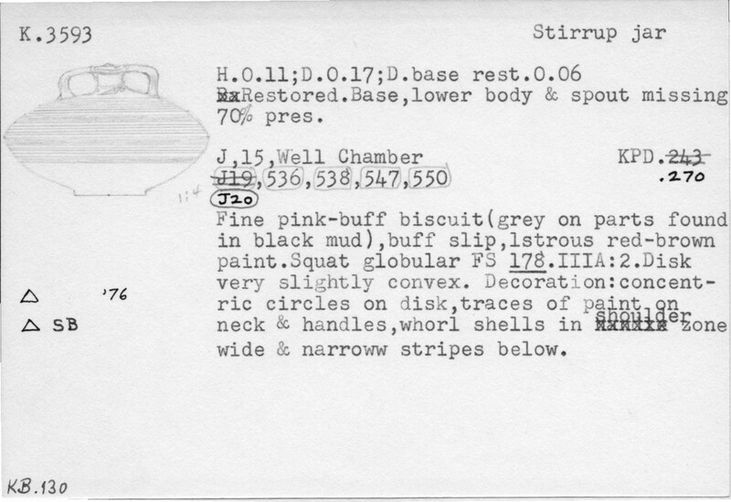 Index card with typed and handwritten information, sometimes including a sketch, of pottery from an excavation.
