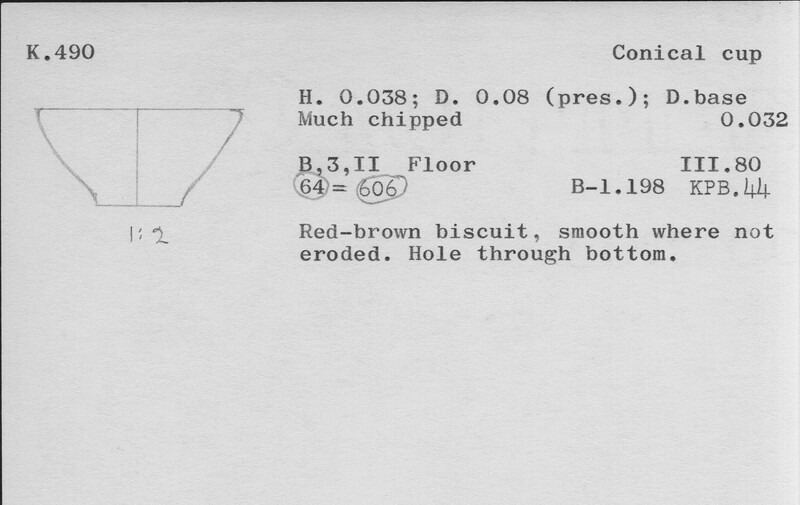 Index card with typed and handwritten information, sometimes including a sketch, of pottery from an excavation.