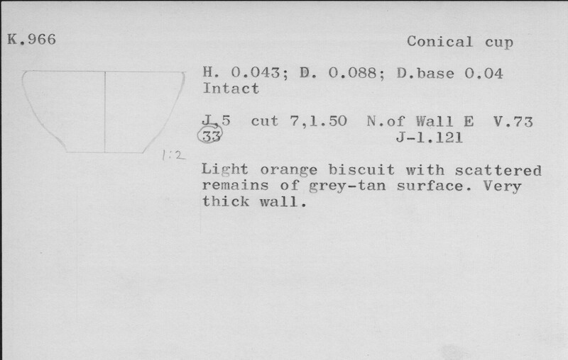 Index card with typed and handwritten information, sometimes including a sketch, of pottery from an excavation.