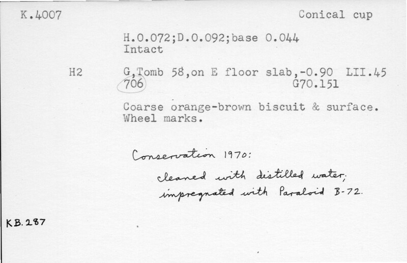 Index card with typed and handwritten information, sometimes including a sketch, of pottery from an excavation.