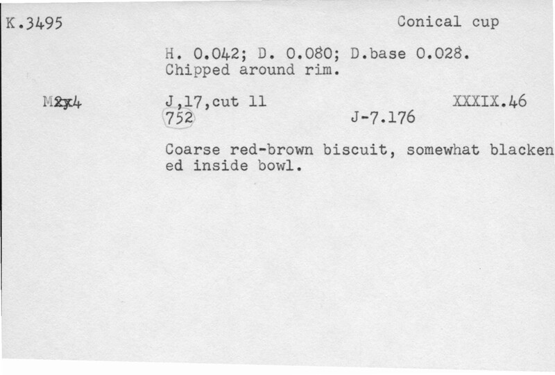 Index card with typed and handwritten information, sometimes including a sketch, of pottery from an excavation.