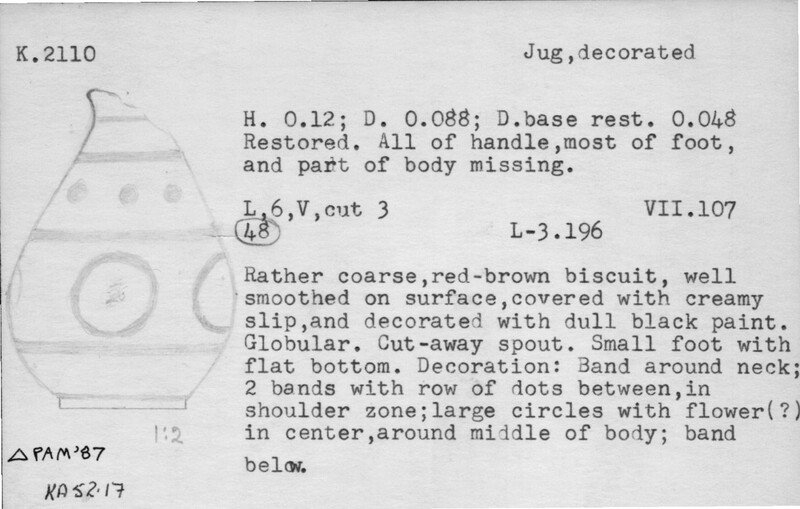 Index card with typed and handwritten information, sometimes including a sketch, of pottery from an excavation.