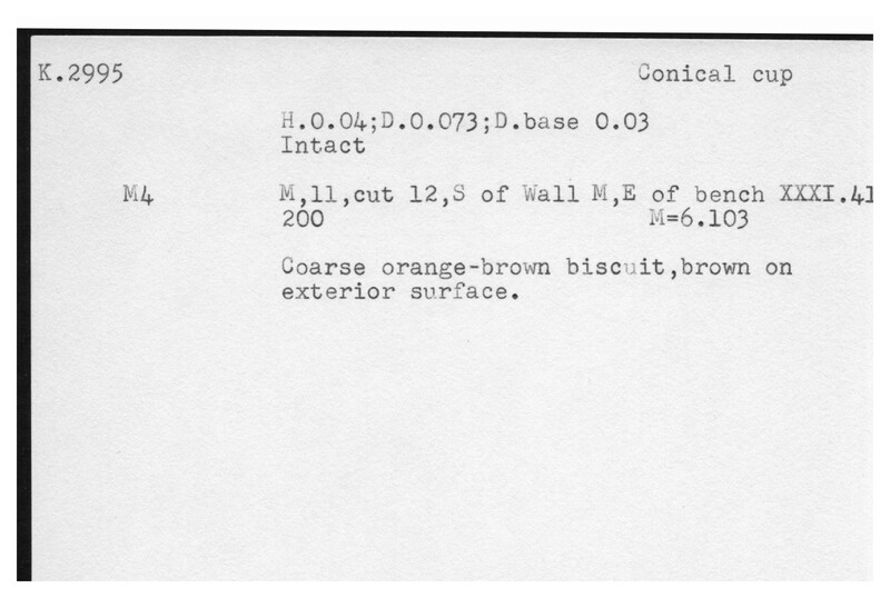 Index card with typed and handwritten information, sometimes including a sketch, of pottery from an excavation.