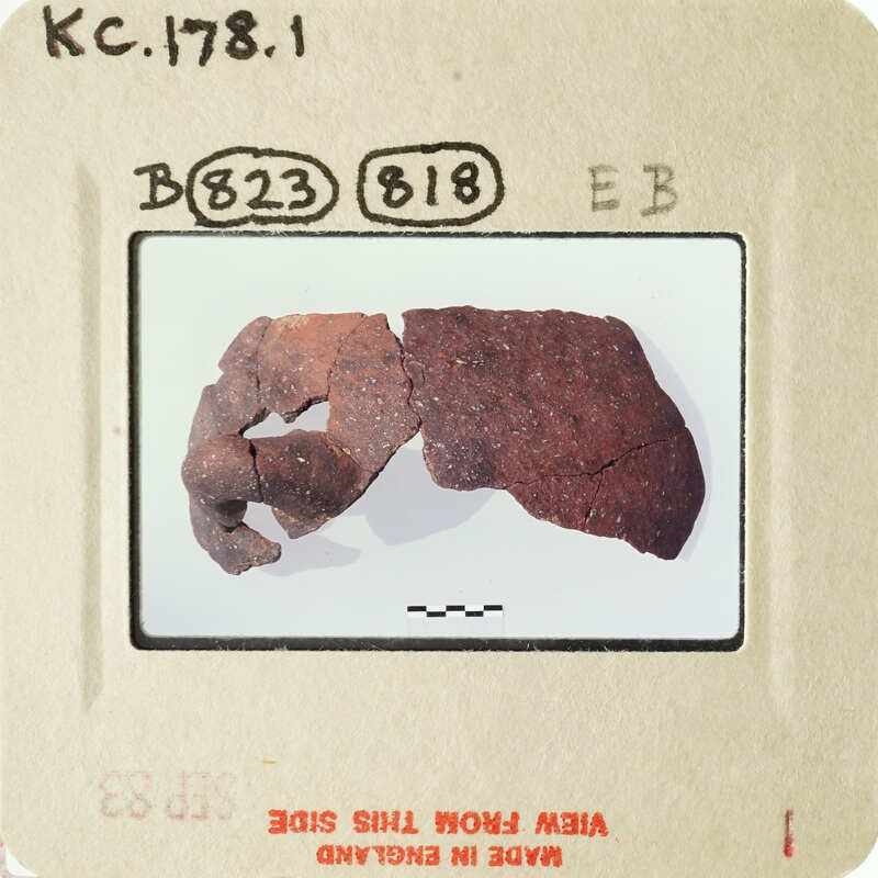 A close-up photo of an object, possibly pottery or ceramic, with visible texture and cracks.