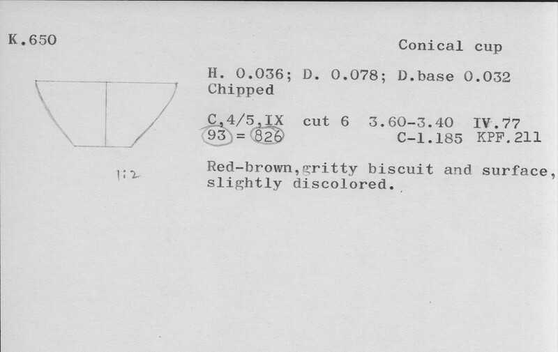 Index card with typed and handwritten information, sometimes including a sketch, of pottery from an excavation.