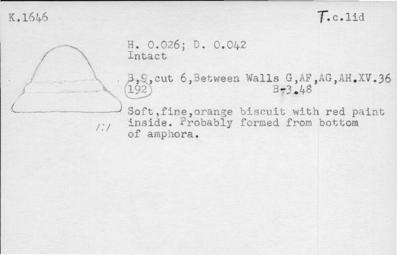 Index card with typed and handwritten information, sometimes including a sketch, of pottery from an excavation.