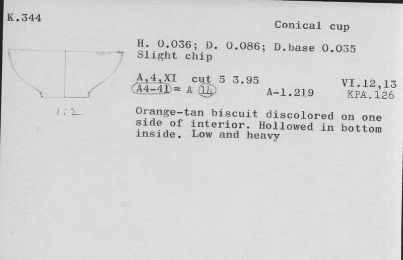 Index card with typed and handwritten information, sometimes including a sketch, of pottery from an excavation.