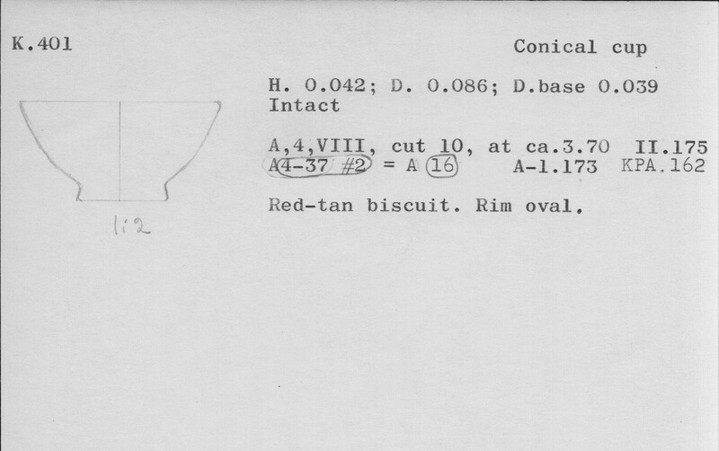 Index card with typed and handwritten information, sometimes including a sketch, of pottery from an excavation.