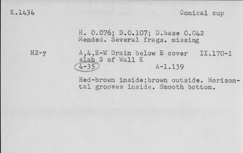 Index card with typed and handwritten information, sometimes including a sketch, of pottery from an excavation.
