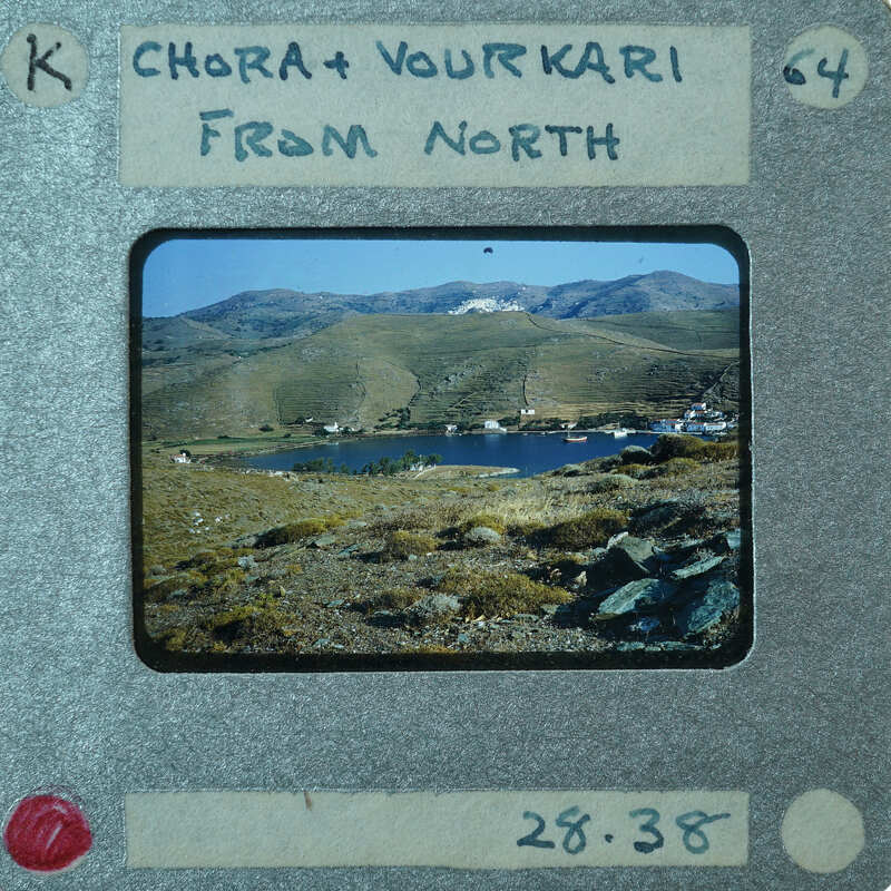 Scenic mountain landscape and lake, labeled "Chora & Vourkai from North".
