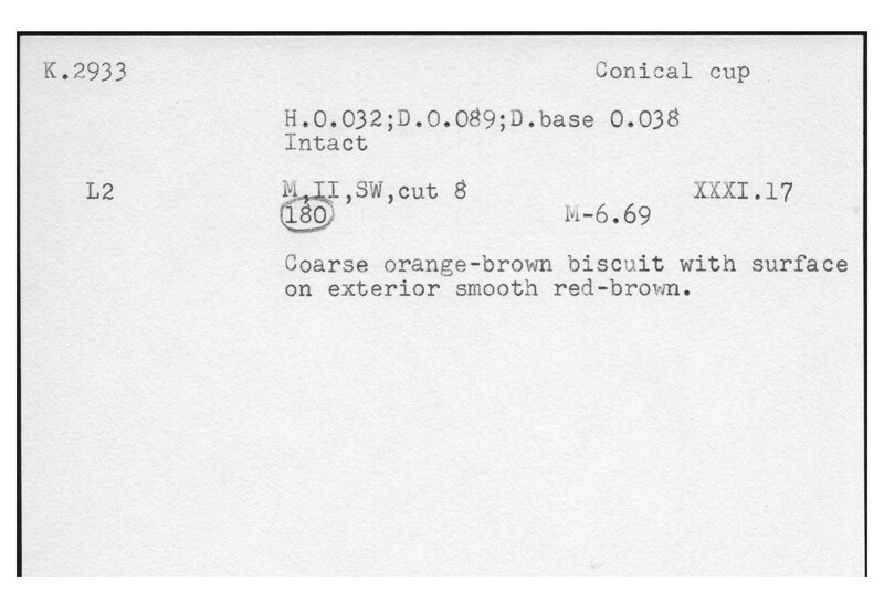 Index card with typed and handwritten information, sometimes including a sketch, of pottery from an excavation.