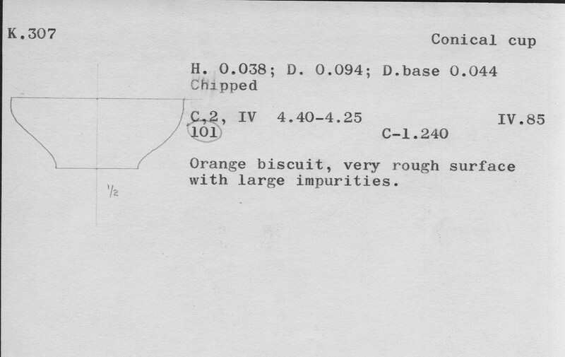 Index card with typed and handwritten information, sometimes including a sketch, of pottery from an excavation.
