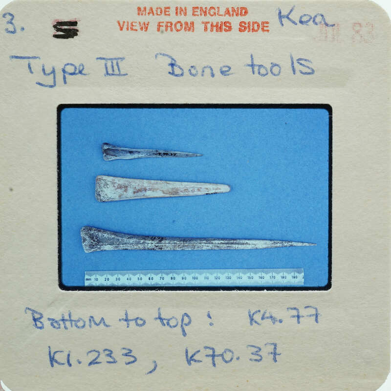 Old metal bone tools displayed on a blue background with labels and measurements.
