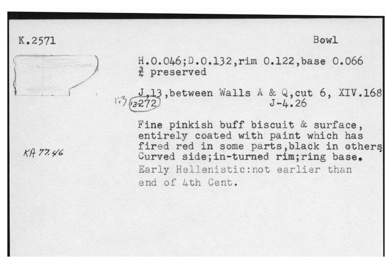 Index card with typed and handwritten information, sometimes including a sketch, of pottery from an excavation.