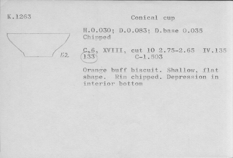 Index card with typed and handwritten information, sometimes including a sketch, of pottery from an excavation.