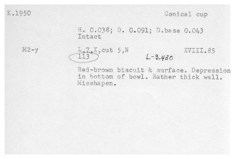 Index card with typed and handwritten information, sometimes including a sketch, of pottery from an excavation.