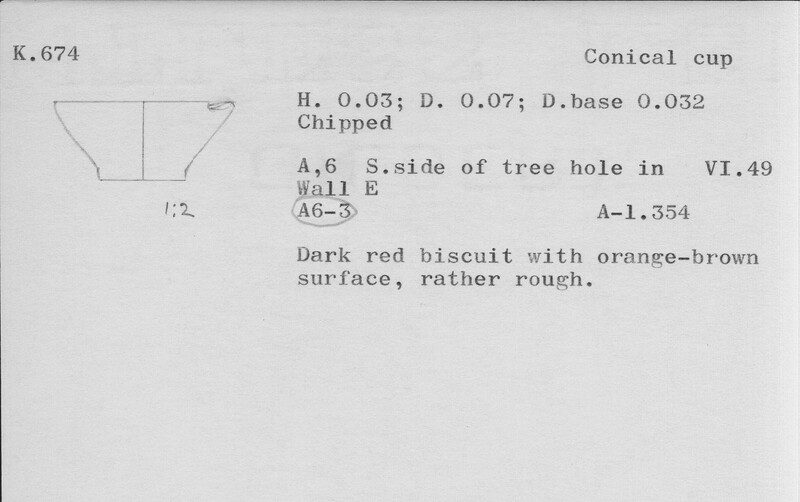 Index card with typed and handwritten information, sometimes including a sketch, of pottery from an excavation.