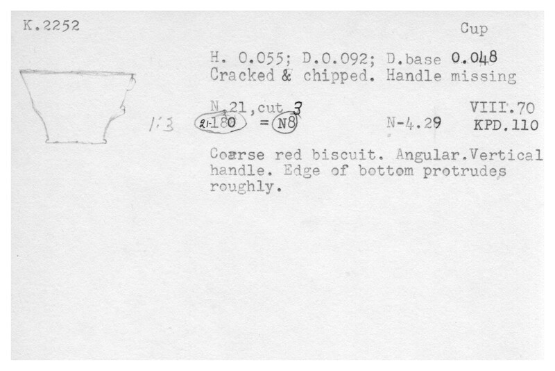 Index card with typed and handwritten information, sometimes including a sketch, of pottery from an excavation.