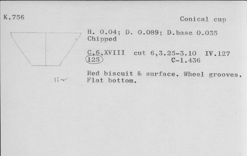 Index card with typed and handwritten information, sometimes including a sketch, of pottery from an excavation.