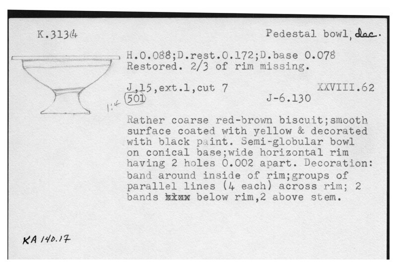 Index card with typed and handwritten information, sometimes including a sketch, of pottery from an excavation.