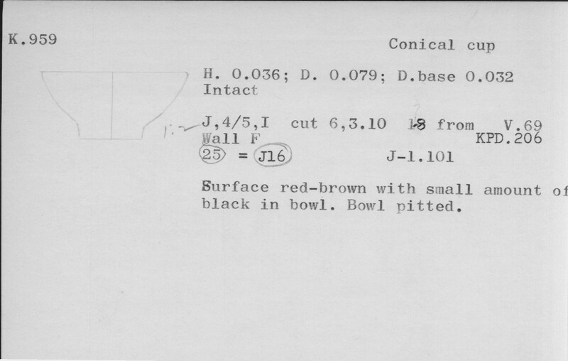 Index card with typed and handwritten information, sometimes including a sketch, of pottery from an excavation.