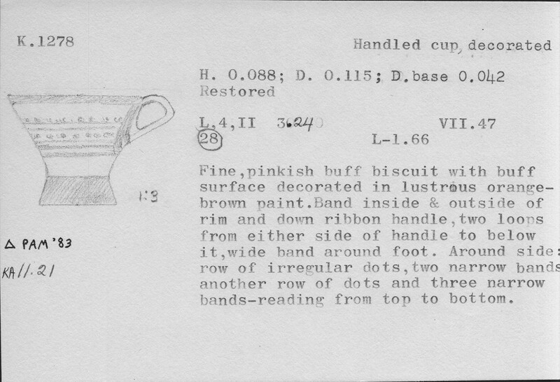 Index card with typed and handwritten information, sometimes including a sketch, of pottery from an excavation.