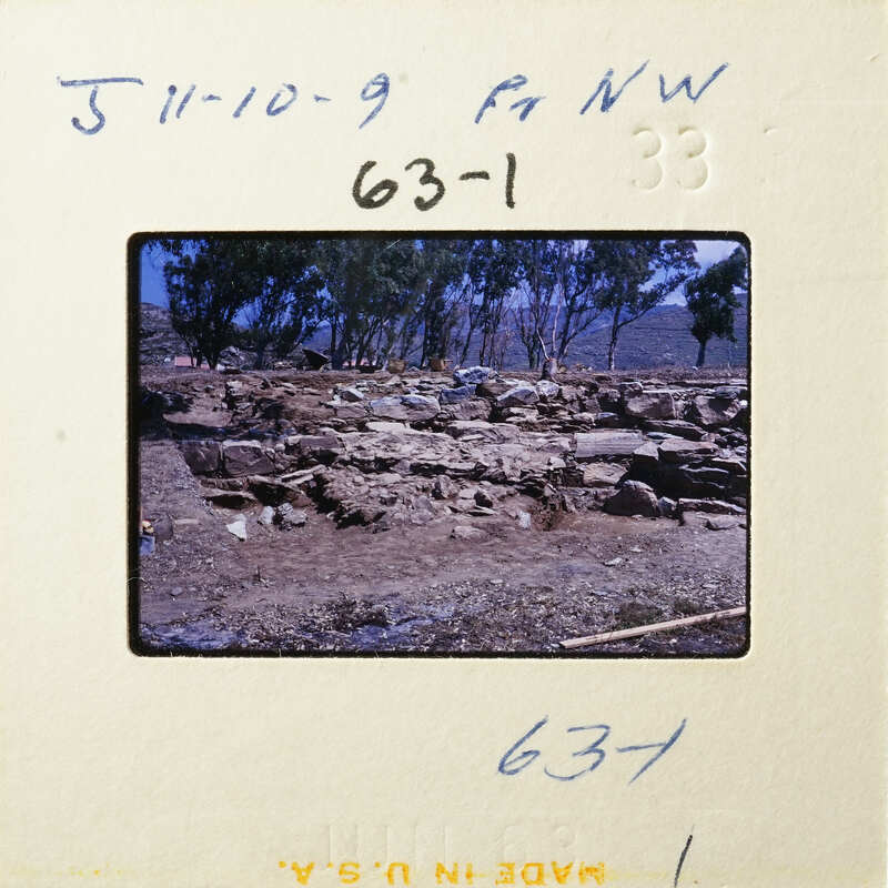 Ancient ruins with stone structures and vegetation in the background.